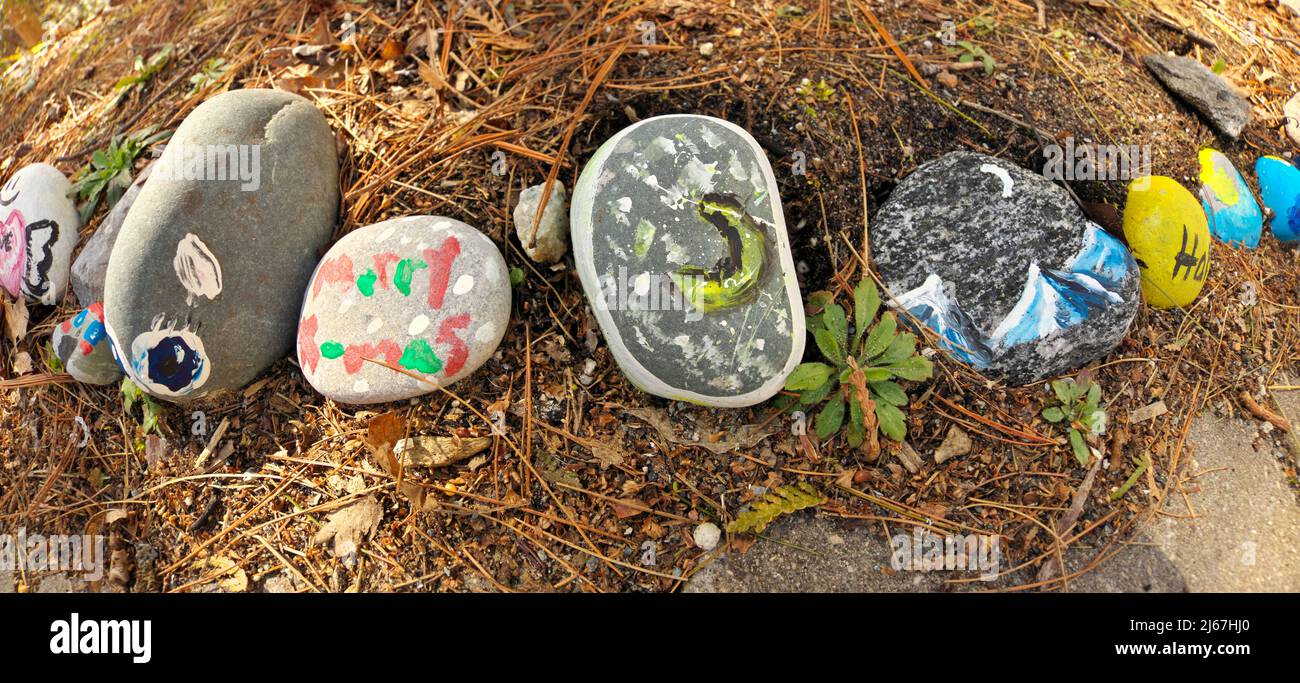 Gros plan sur des pierres peintes de fantaisie colorées dans le jardin de roche pour enfants, bannière panoramique Banque D'Images