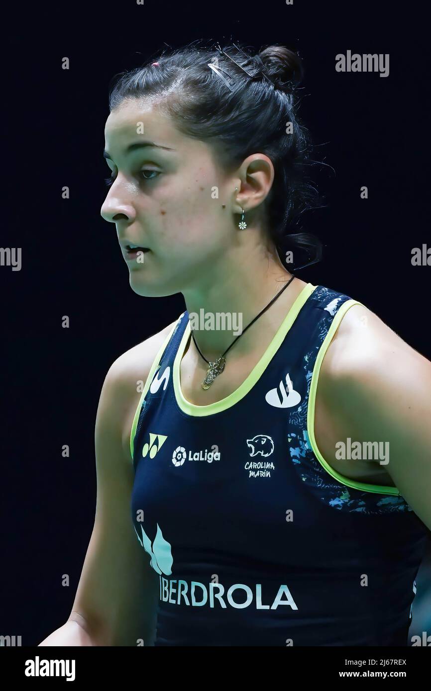 Carolina Marin d'Espagne joue contre Line Hojmark Kjaersfeldt du Danemark lors des finales du quart des Championnats d'Europe de badminton à Madrid. Carolina Marin défaites Line Hojmark avec les résultats (21, 14, 21) vs (11, 21, 17) (photo d'Atilano Garcia / SOPA Images/Sipa USA) Banque D'Images