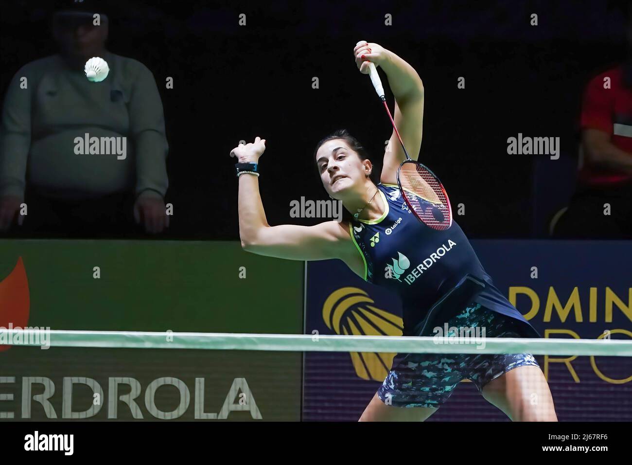 Carolina Marin d'Espagne joue contre Line Hojmark Kjaersfeldt du Danemark lors des finales du quart des Championnats d'Europe de badminton à Madrid. Carolina Marin défaites Line Hojmark avec les résultats (21, 14, 21) vs (11, 21, 17) (photo d'Atilano Garcia / SOPA Images/Sipa USA) Banque D'Images