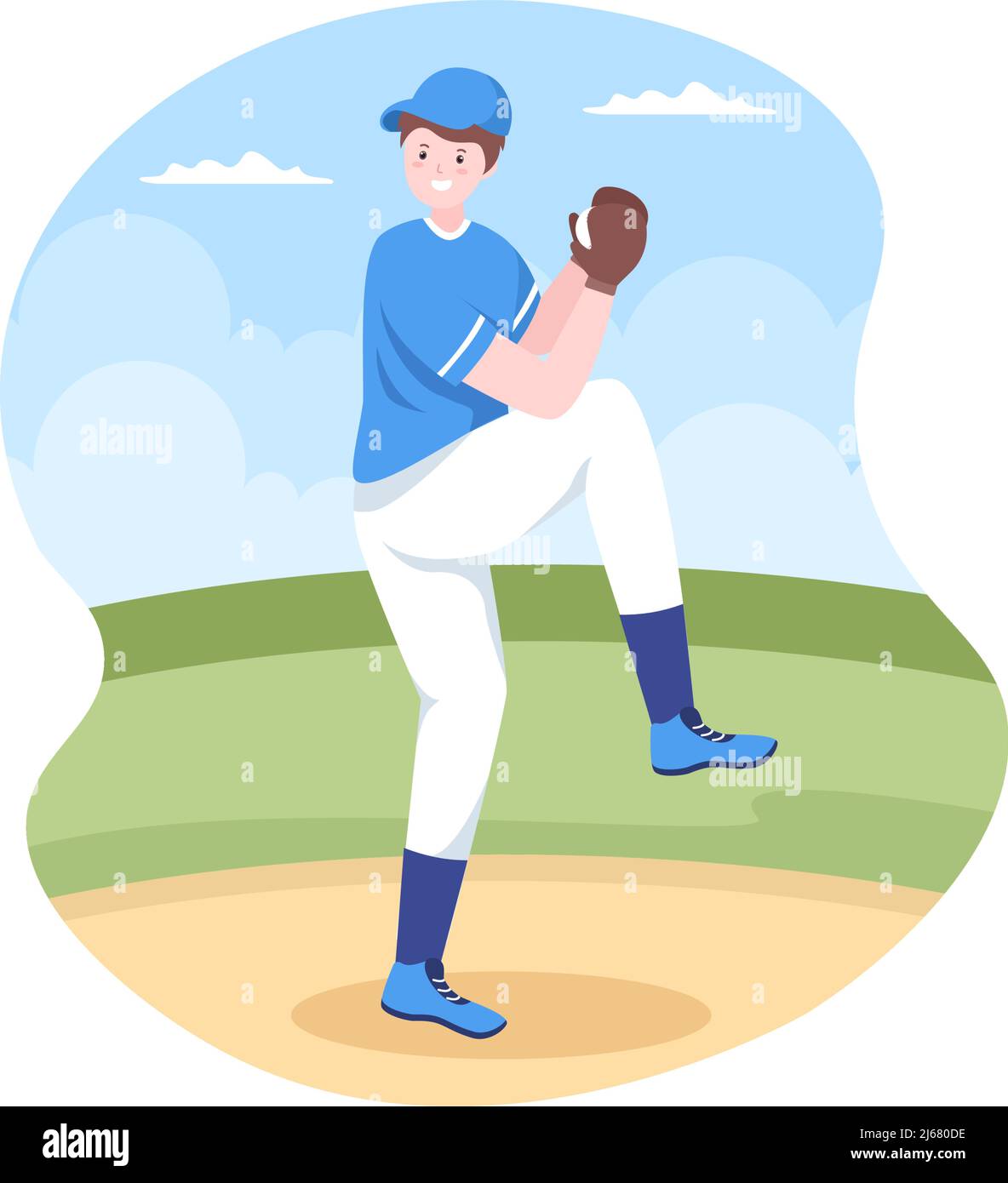 Joueur de baseball Sports lancer, attraper ou frapper un ballon avec des battes et des gants portant un uniforme sur le court Stadium dans l'illustration du dessin animé plat Illustration de Vecteur