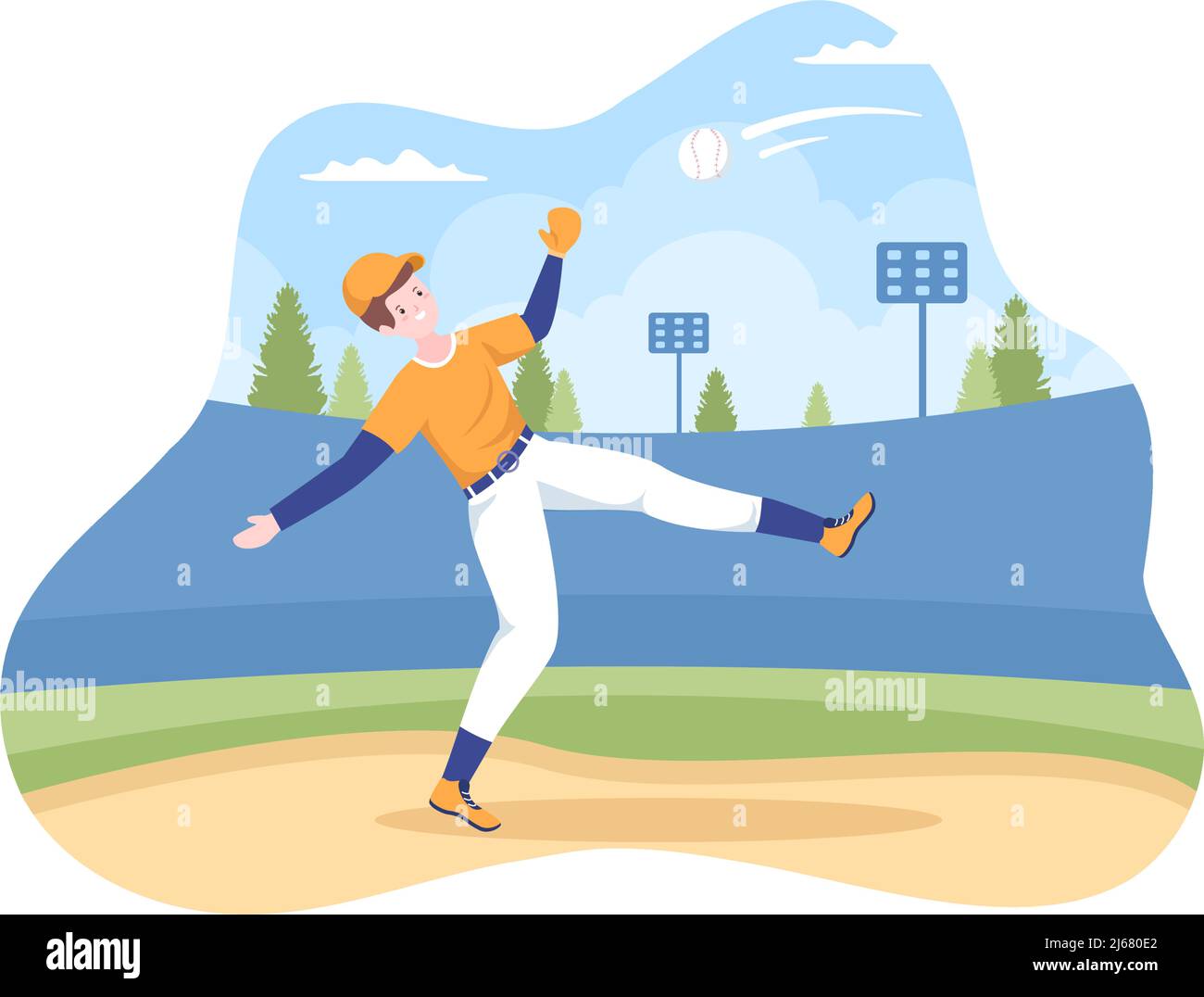 Joueur de baseball Sports lancer, attraper ou frapper un ballon avec des battes et des gants portant un uniforme sur le court Stadium dans l'illustration du dessin animé plat Illustration de Vecteur