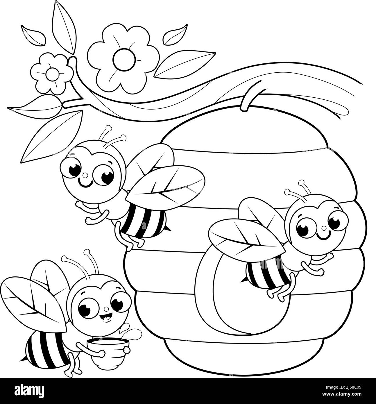 Les abeilles volent autour d'une ruche. Page de couleur noire et blanche vectorielle Illustration de Vecteur