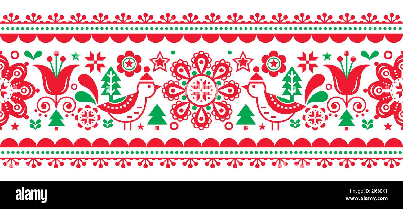 Noël scandinave sans couture motif vectoriel avec oiseaux en chapeaux d'hiver, étoiles et arbres Chrismtas, art populaire nordique répétitif rouge et vert ornement Illustration de Vecteur