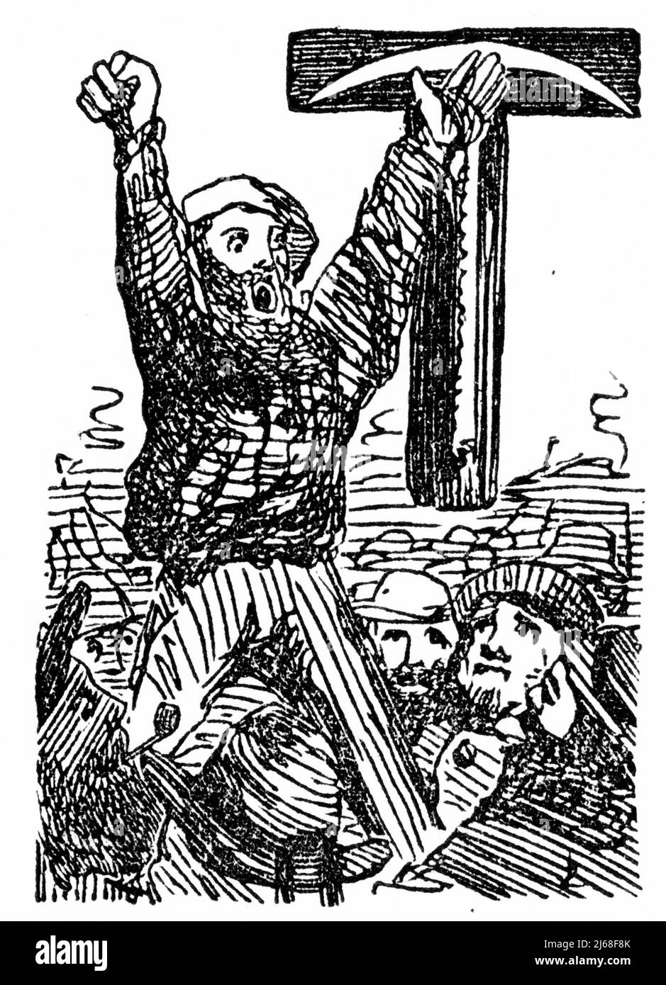Gravure de la lettre T d'un chapitre sur l'histoire de Ballarat, Victoria, Australie. L'illustration présente une sélection de mineur et des éléments de vie sur les champs aurifères. Banque D'Images