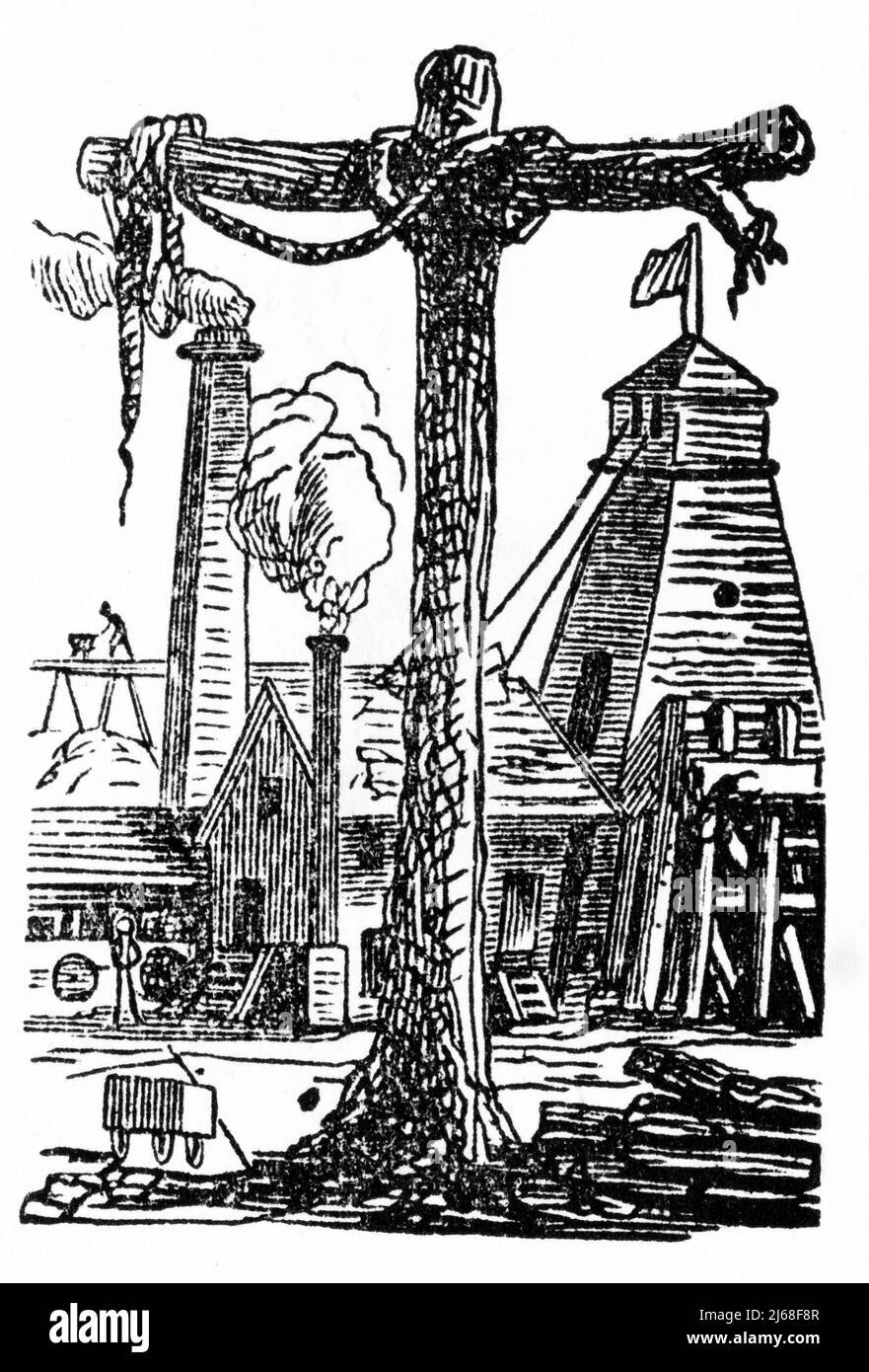 Gravure de la lettre T d'un chapitre sur l'histoire de Ballarat, Victoria, Australie. L'illustration présente des éléments de vie sur les champs aurifères. Banque D'Images