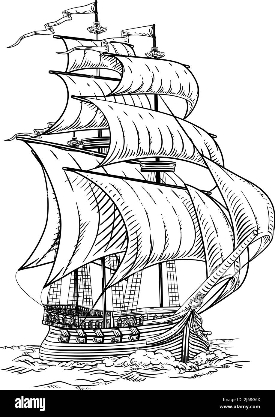 Old Vintage Ship Pirate Sail Boat Galleon Woodcut Illustration de Vecteur