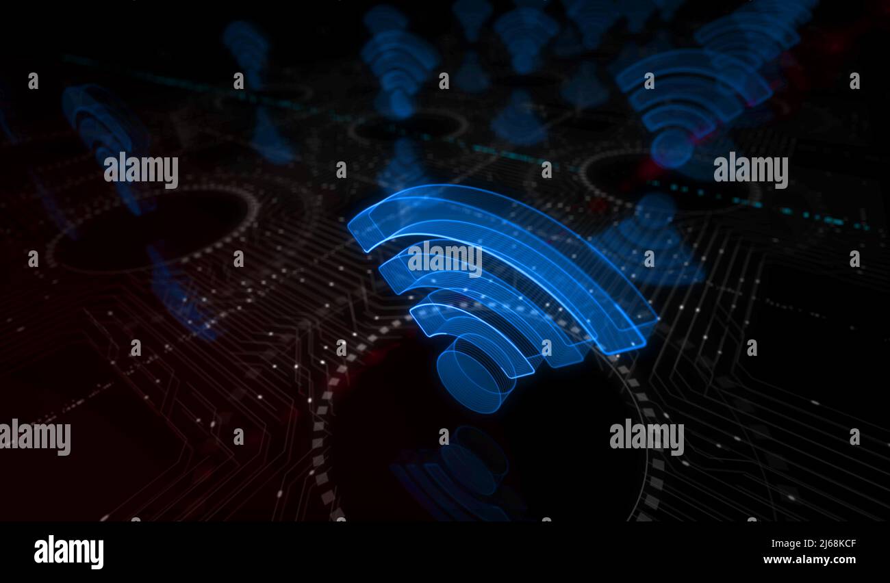 Concept numérique symbole de la technologie de communication mobile et de réseau sans fil WiFi. Réseau, cybertechnologie et informatique résumé 3D illust Banque D'Images