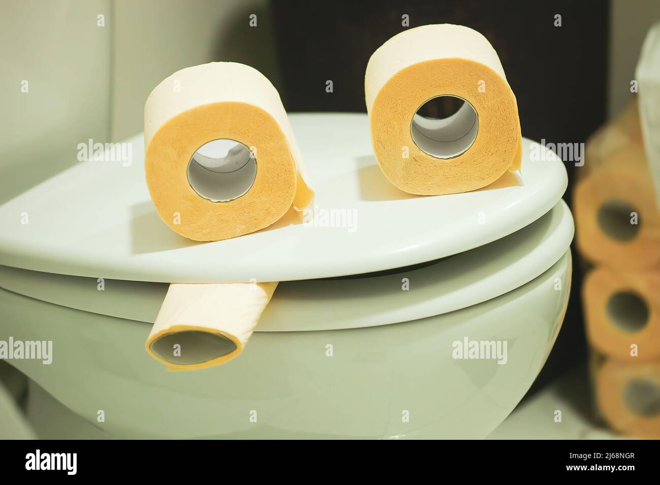 Visage fumant drôle fait de rouleaux de papier toilette sur le bol de toilette. Un smiley anthropomorphique fou dans la salle de bains. Maison artisanal souriant fumeur emot Banque D'Images