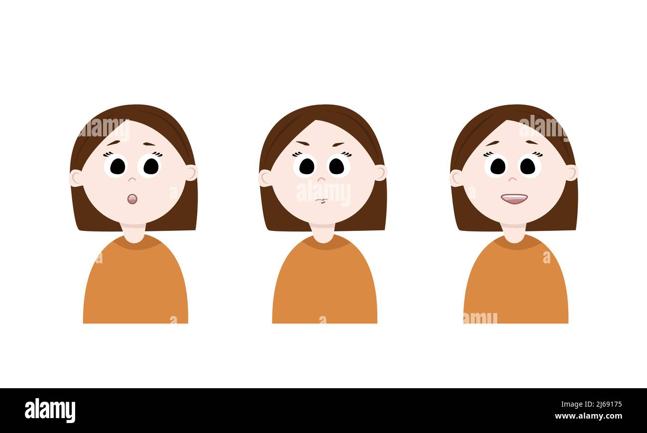 Personnages de fille. Dessin animé. Ensemble d'expressions diverses Banque D'Images