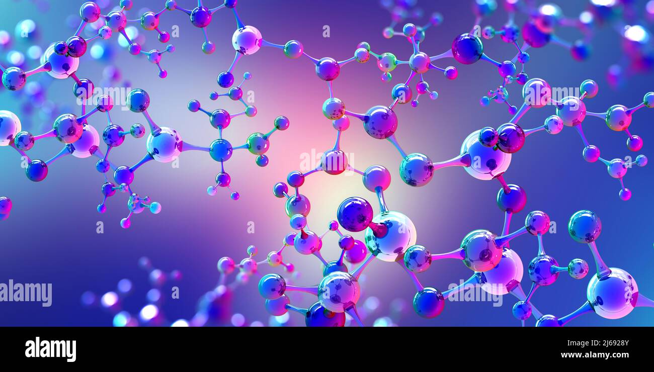 Illustration de la molécule complexe 3D. Réseau moléculaire abstrait, structure cellulaire. Éléments violets transparents avec effet brillant. Frais, propre, techno Banque D'Images