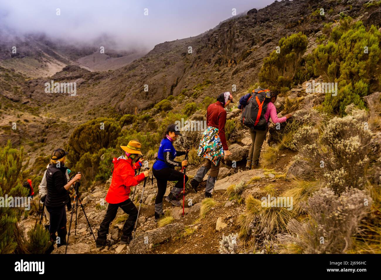 Les femmes en route vers le Mont Kilimanjaro, site du patrimoine mondial de l'UNESCO, Tanzanie, Afrique de l'est, Afrique Banque D'Images