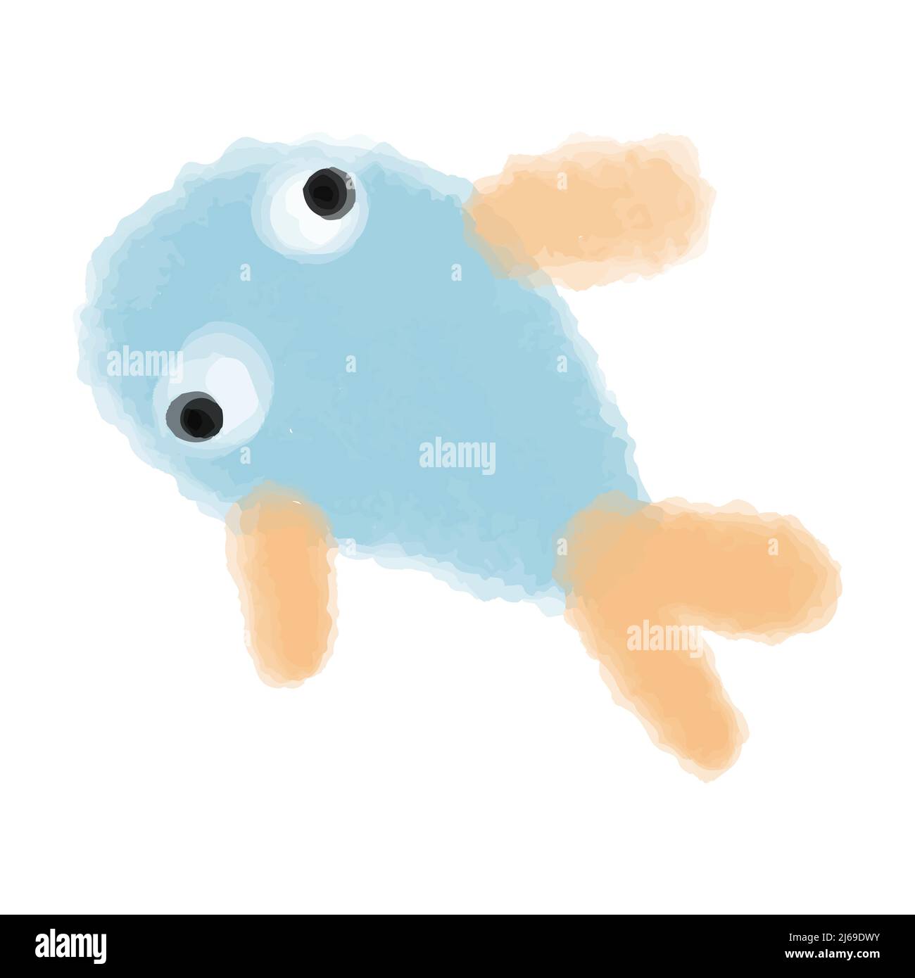 Poissons flounder vectoriels peints en bleu aquarelle avec des ailerons orange. Illustration abstraite du monde sous-marin dessinée à la main. Illustration de Vecteur