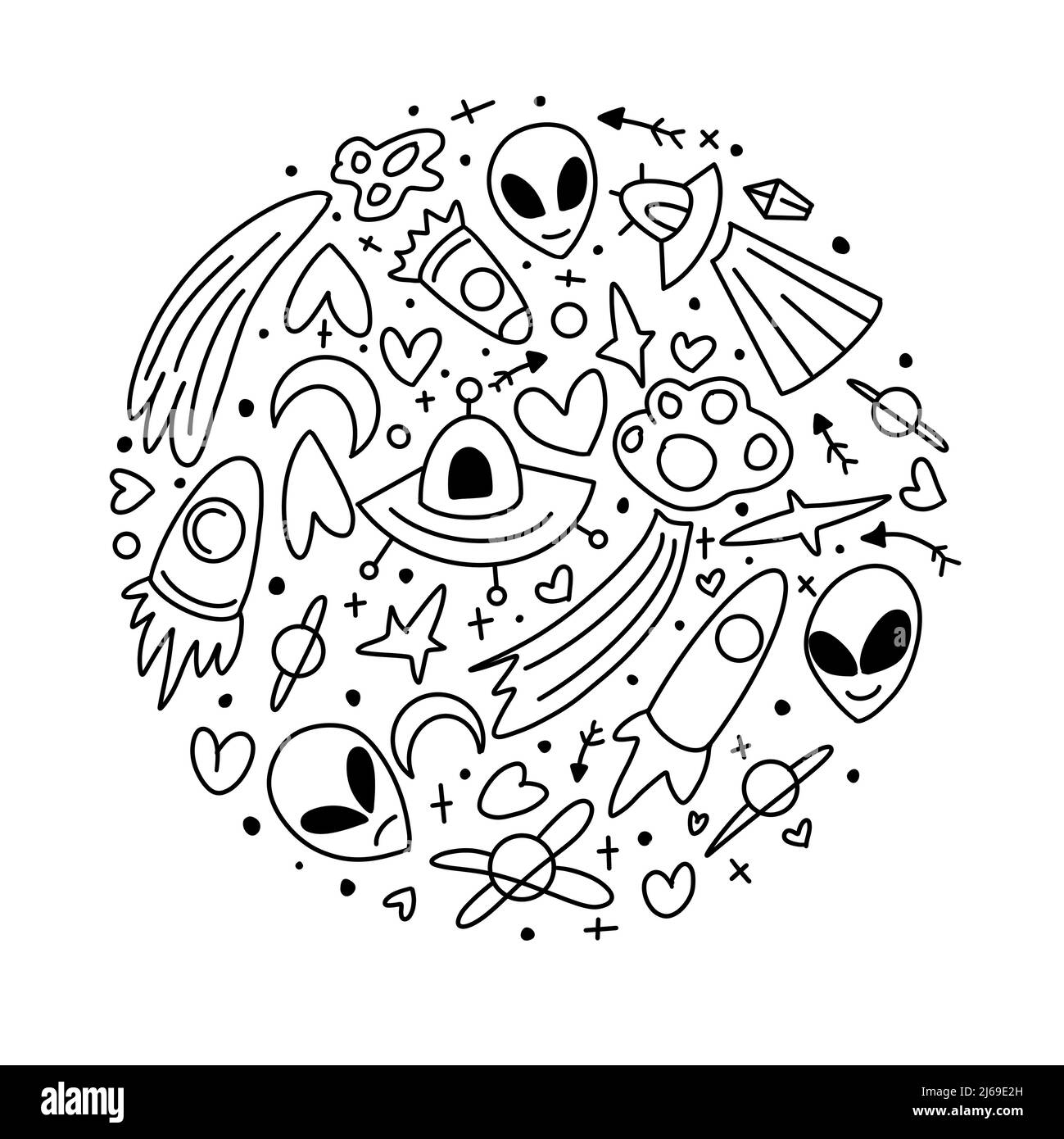 Ensemble de Doodle d'esquisse d'espace extérieur. Espace. Ensemble d'éléments OVNIS doodle sur un fond isolé. Banque D'Images