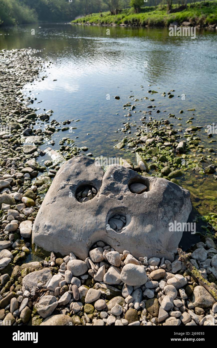 Érosion de la rivière sur les rochers, parfois connu sous le nom de Panholes, River Ribble, Lancashire, Royaume-Uni. Banque D'Images