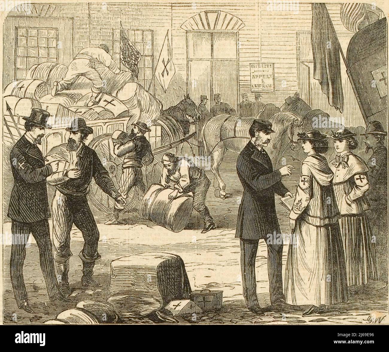 Inconnu , Graveur - magasins britanniques pour le soulagement des blessés à Versailles, les quartiers chefs du roi de Prusse - XIX siècle Banque D'Images