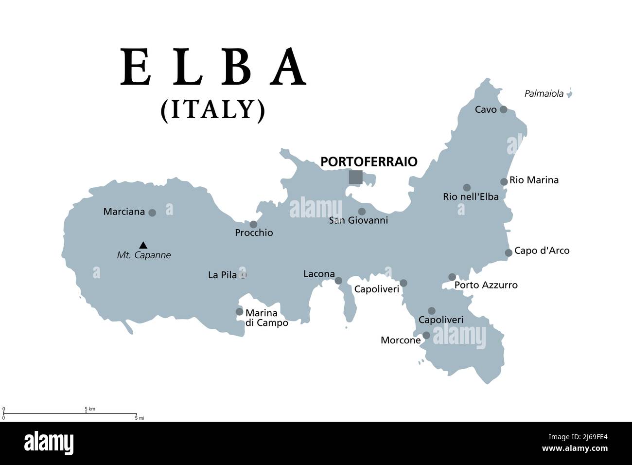 Elba, carte politique grise. Île méditerranéenne en Toscane, en Italie, avec la capitale Portoferraio, en mer Tyrrhénienne, la plus grande île de l'archipel toscan. Banque D'Images