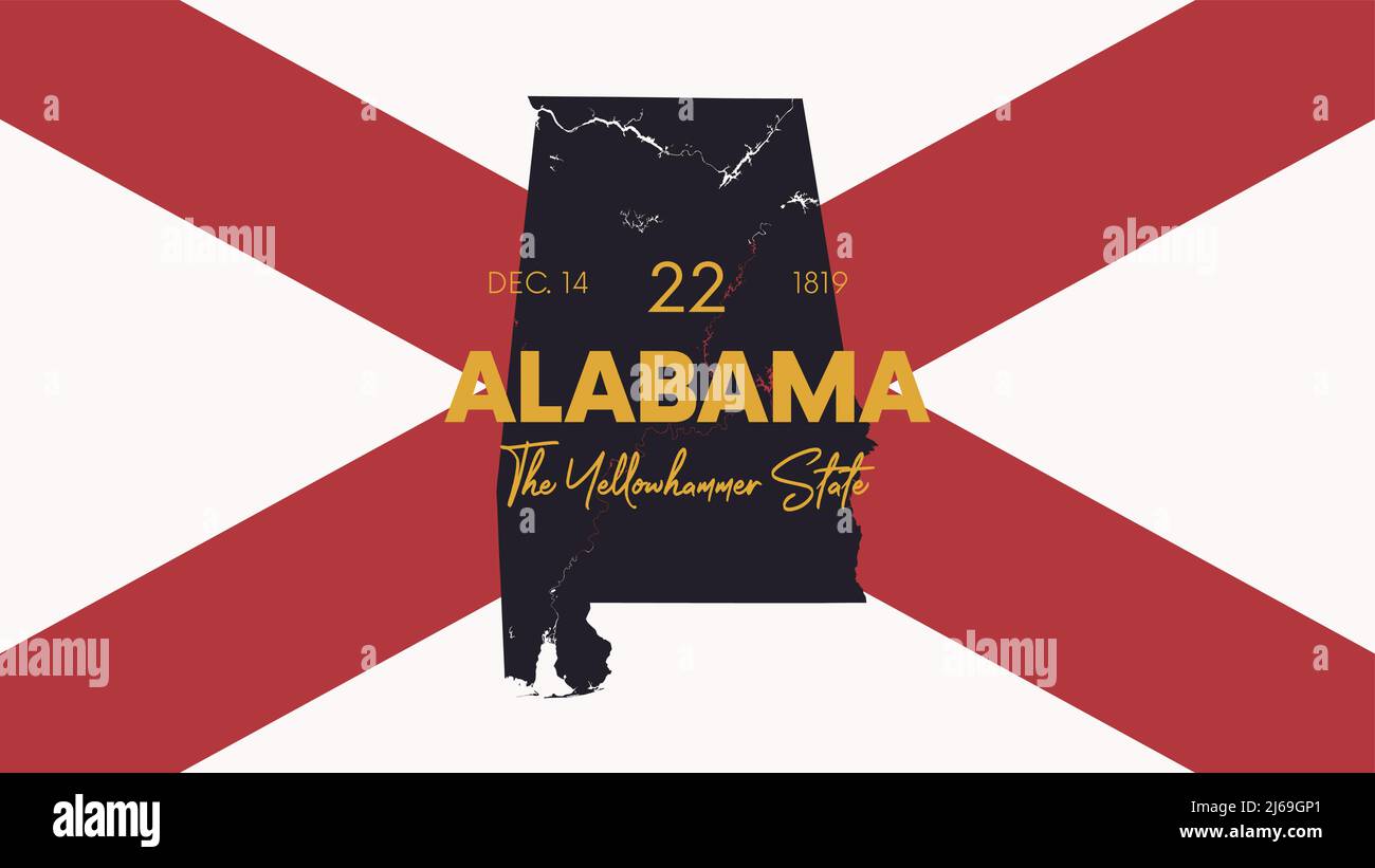22 des 50 États des États-Unis avec un nom, un surnom et une date admis à l'Union, carte détaillée Vector Alabama pour l'impression d'affiches, carte postale Illustration de Vecteur
