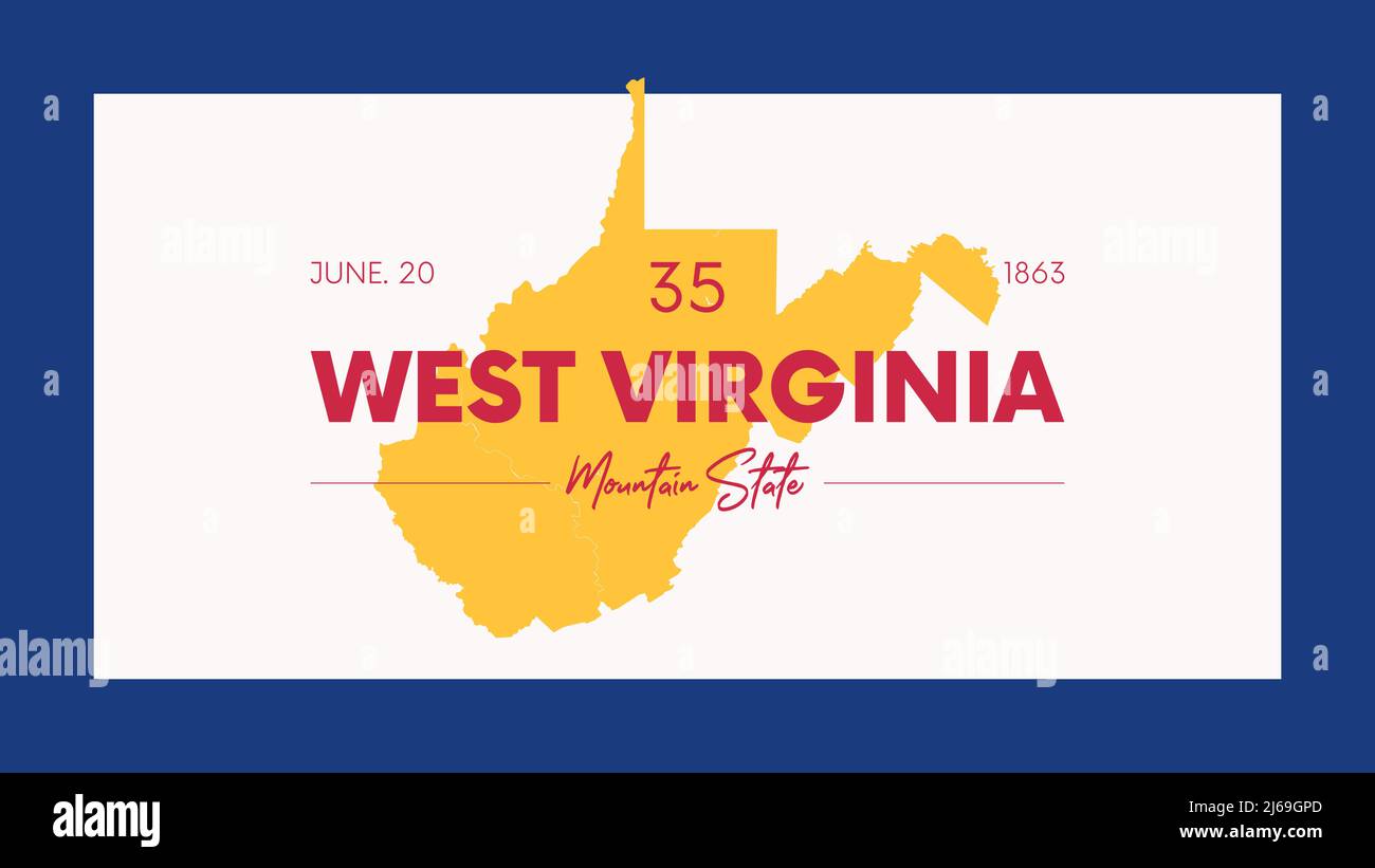35 des 50 Etats des Etats-Unis avec un nom, surnom, et date admis à l'Union, détaillé Vector West Virginia carte pour l'impression d'affiches, po Illustration de Vecteur