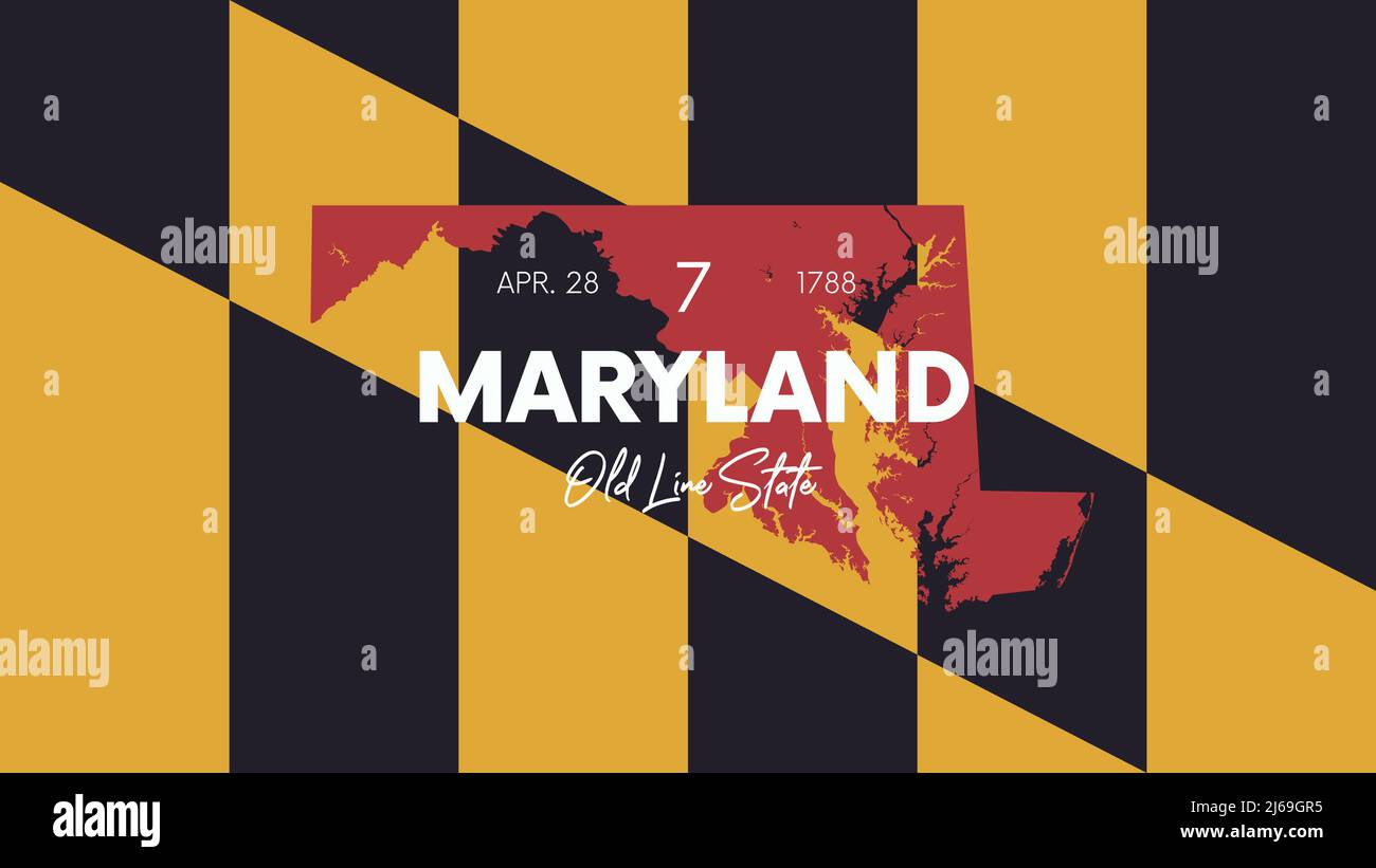 7 des 50 États des États-Unis avec un nom, surnom, et date admis à l'Union, carte détaillée Vector Maryland pour l'impression d'affiches, carte postale Illustration de Vecteur