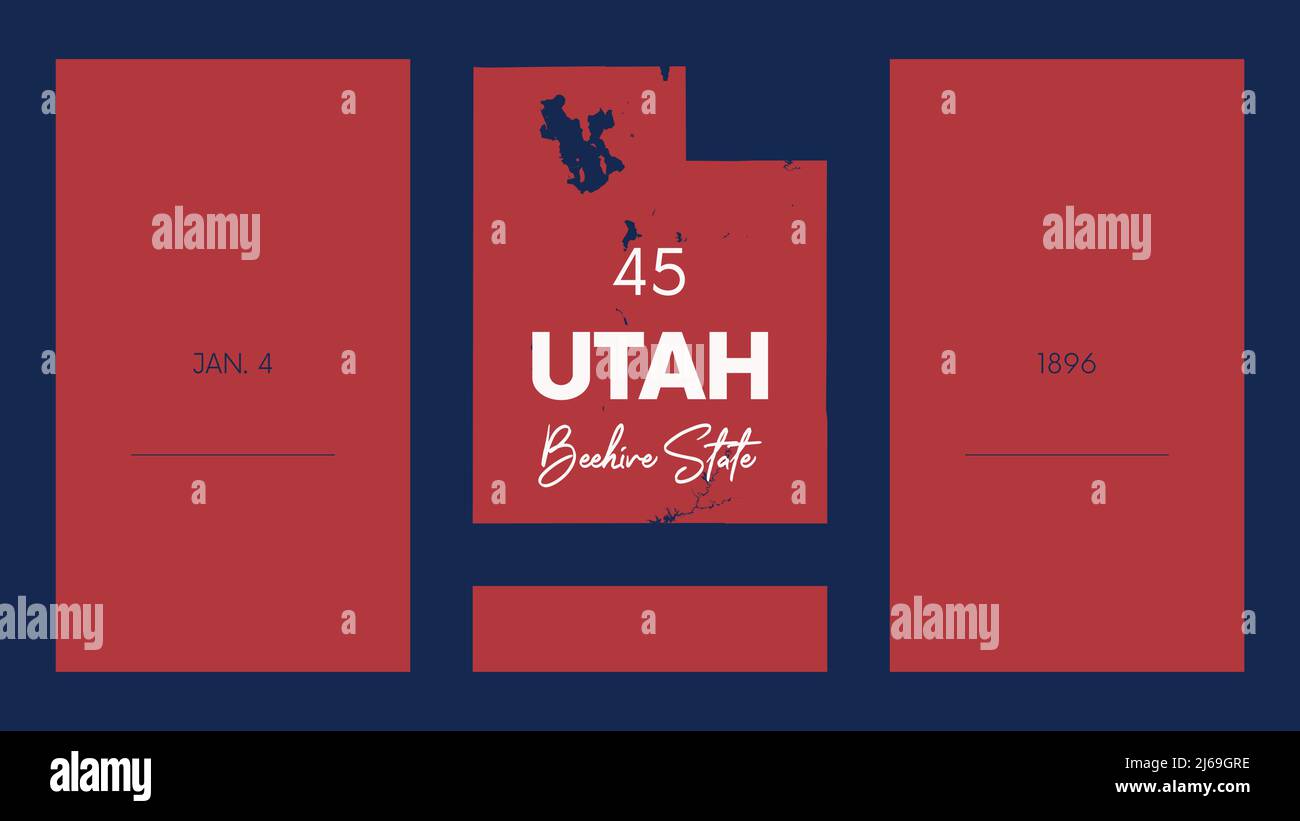 45 des 50 États des États-Unis avec un nom, surnom, et date admis à l'Union, carte détaillée de l'Utah Vector pour l'impression d'affiches, cartes postales a Illustration de Vecteur