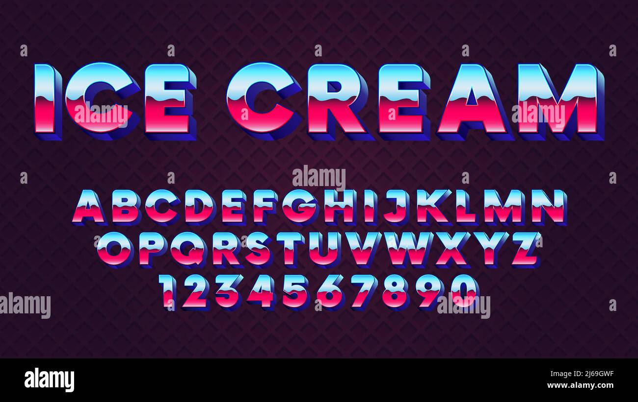 Police rétro brillante avec dégradé bleu et rose dans une police vectorielle de style 80s Illustration de Vecteur