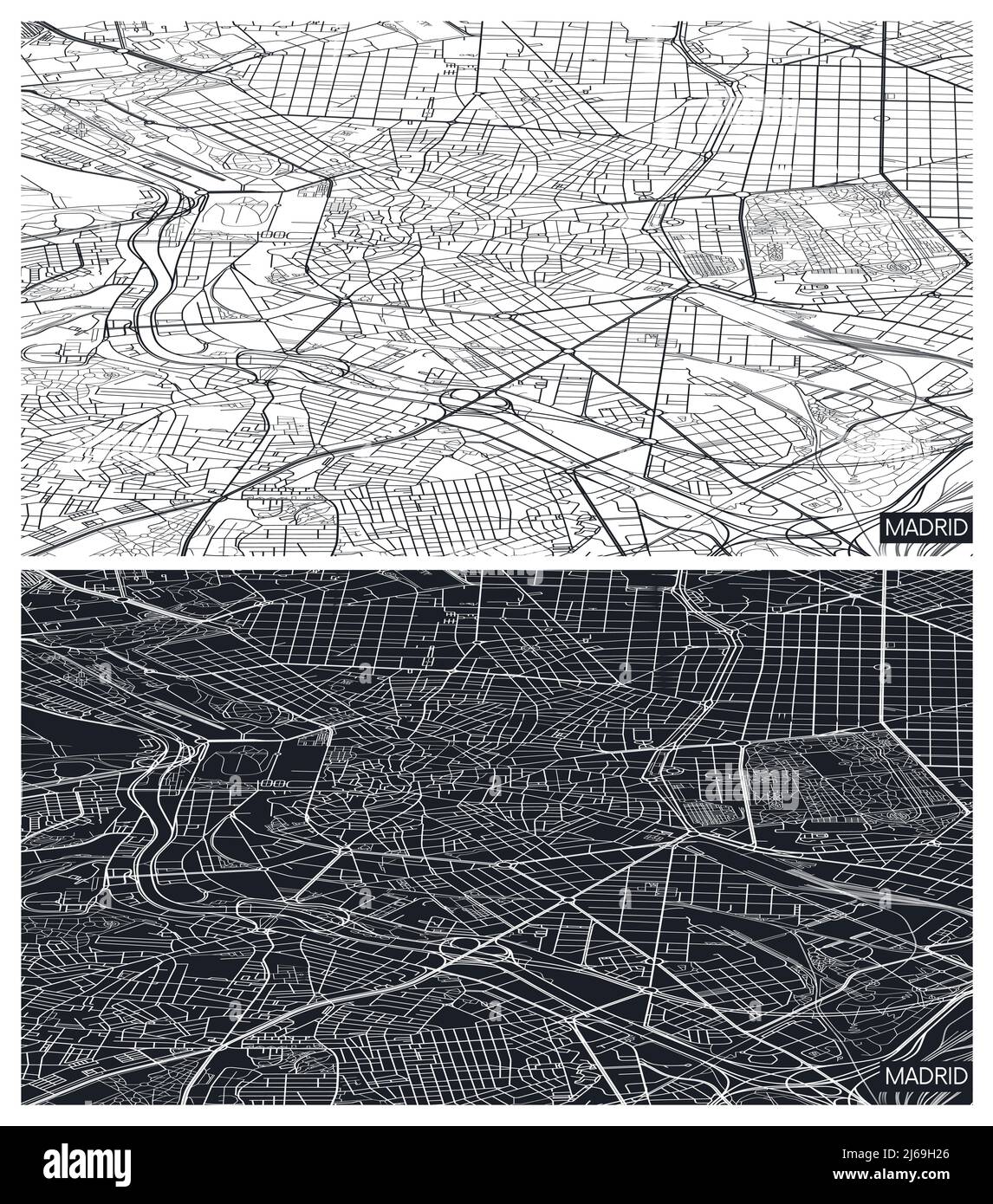 Vue aérienne de dessus carte de la ville Madrid, plan détaillé en noir et blanc, grille urbaine en perspective, illustration vectorielle Illustration de Vecteur