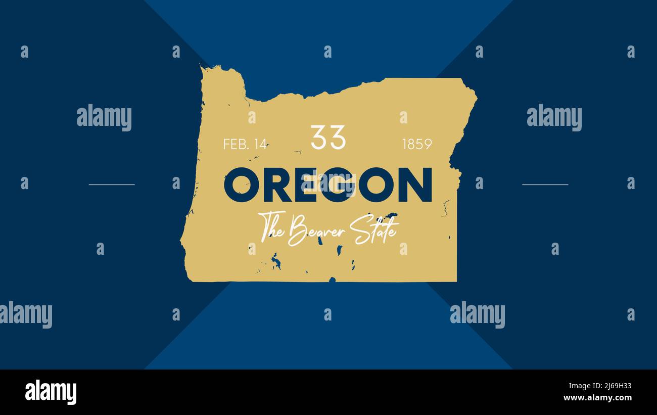 33 des 50 États des États-Unis avec un nom, surnom, et date admis à l'Union, carte détaillée Vector Oregon pour l'impression d'affiches, cartes postales Illustration de Vecteur
