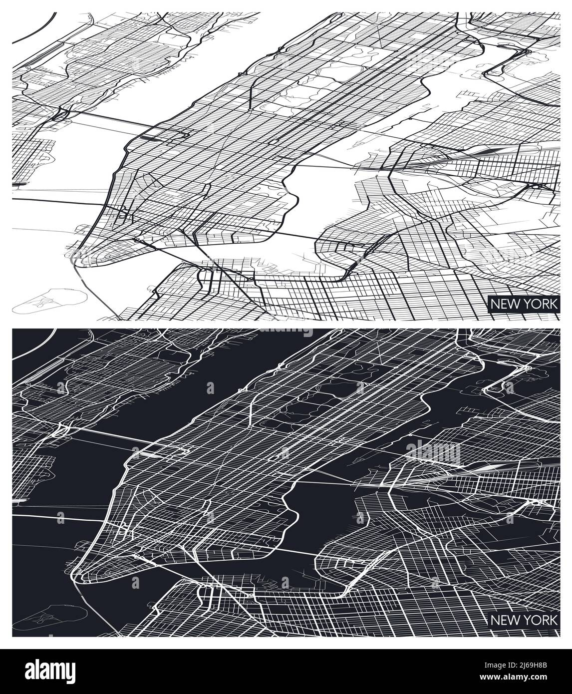 Vue aérienne de dessus carte de la ville New York, plan détaillé noir et blanc, grille urbaine en perspective, illustration vectorielle Illustration de Vecteur