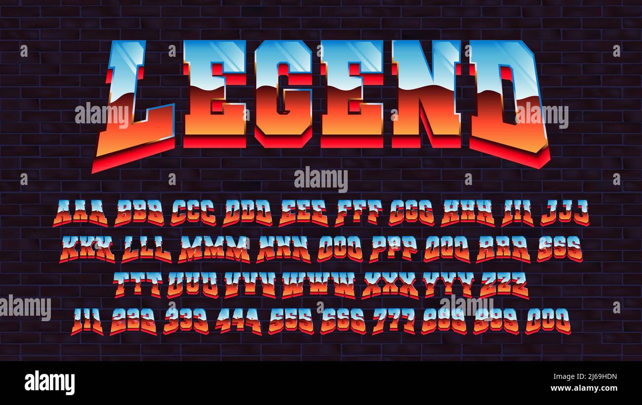 Police latine futuriste rétro, alphabet vectoriel 80 x trois types de traçage d'un symbole, lettres et chiffres avec un effet métallique, arc futurisme rétro Illustration de Vecteur