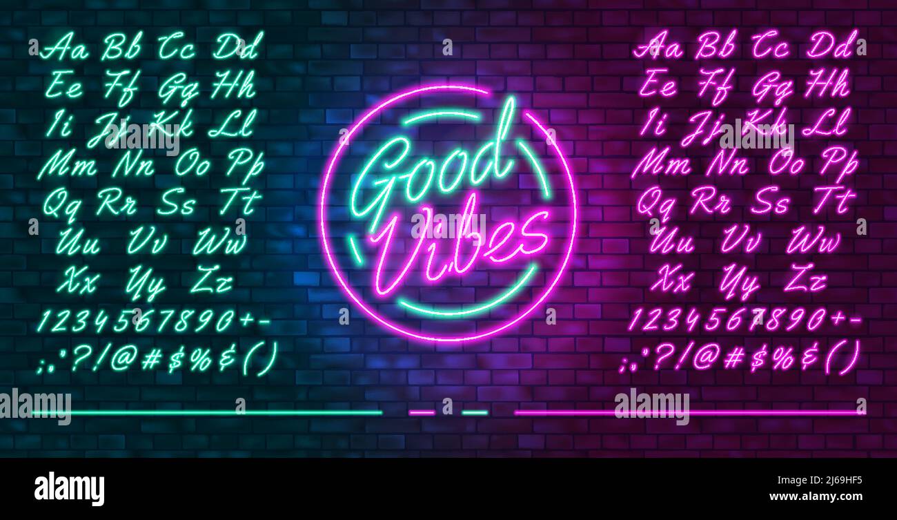 Police futuriste néon, lettres majuscules et minuscules bleu lumineux et rose, police de caractères colorée fluo à la main, signe lumineux bonne vibes, vecto Illustration de Vecteur