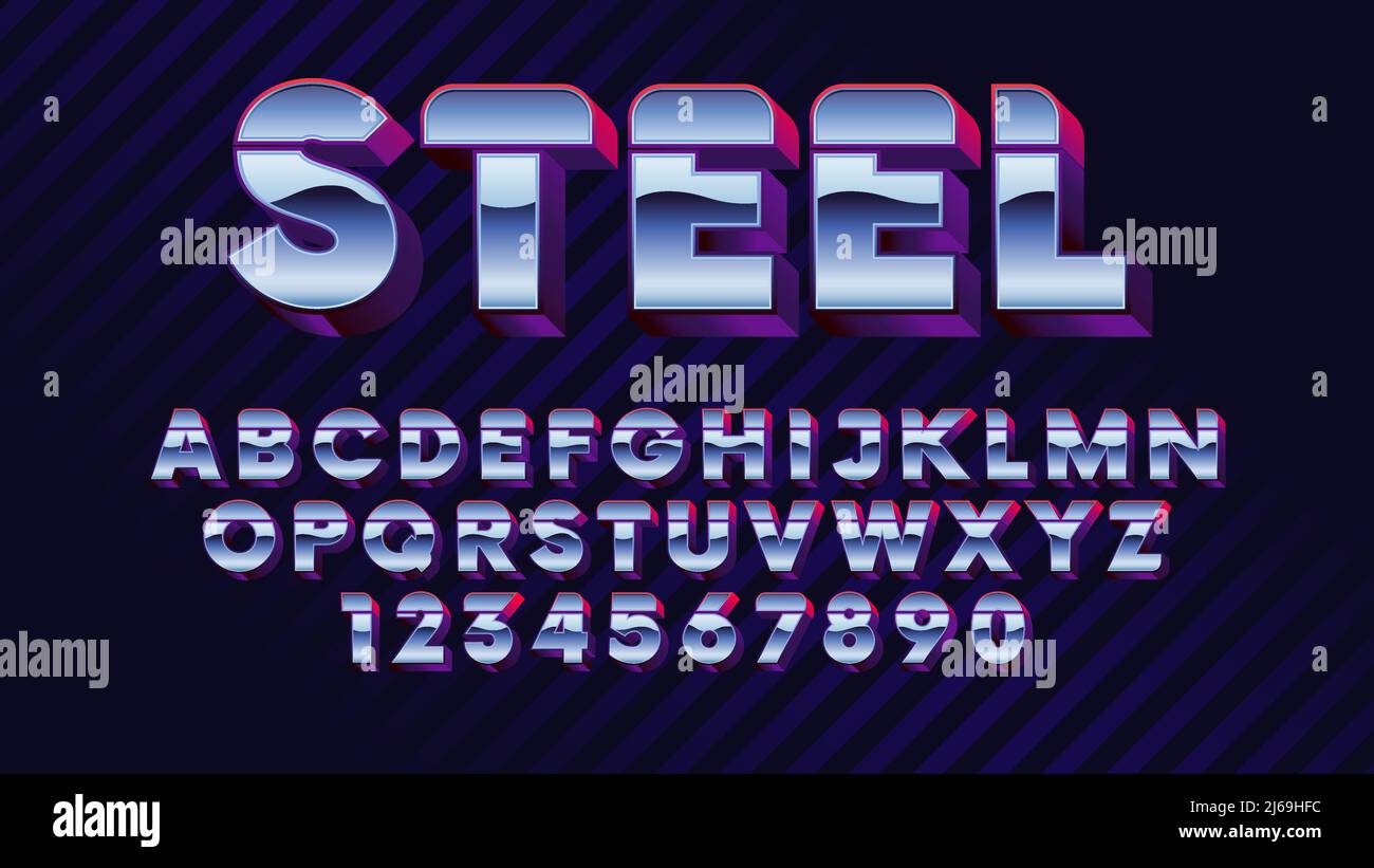 Police latine futuriste rétro, lettres et chiffres chromés brillants, style rétro synth wave alphabet effet métallisé dans le style 80s police vectorielle Illustration de Vecteur