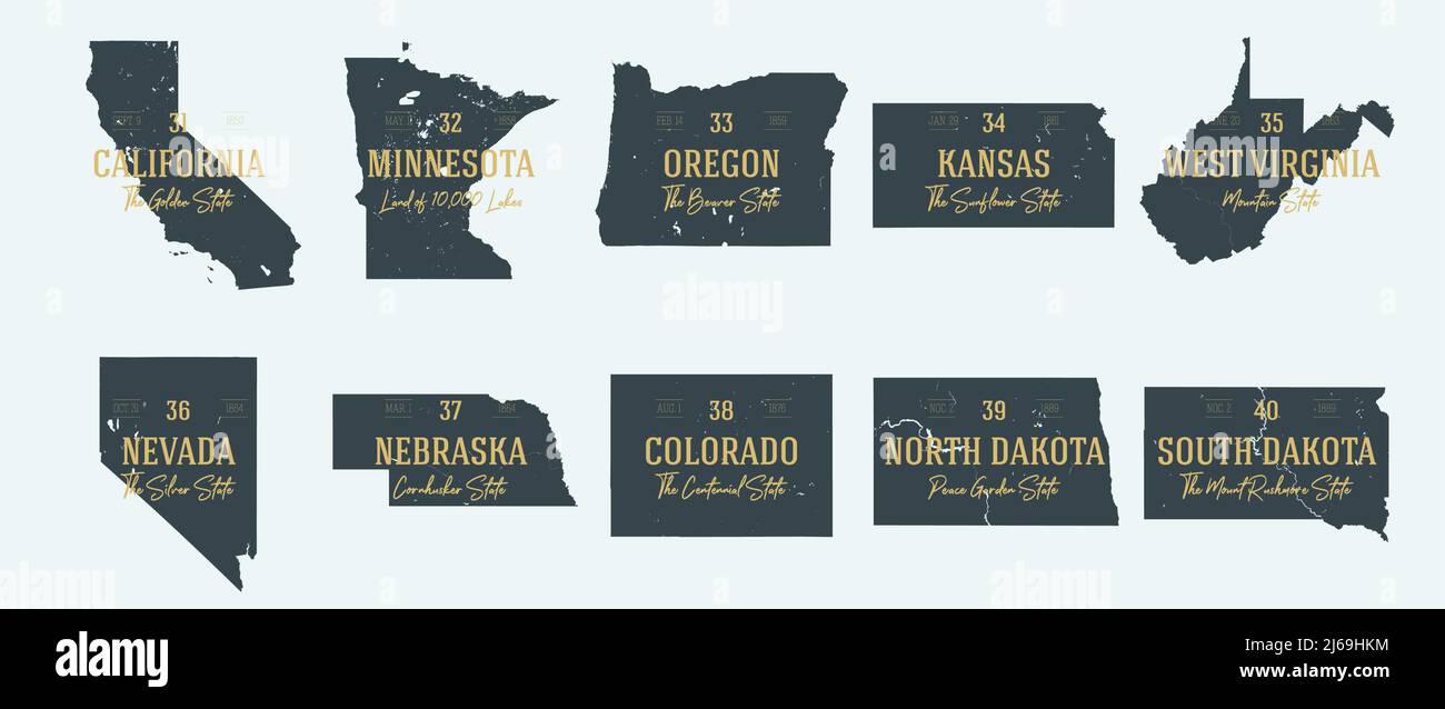 Ensemble 4 des 5 silhouettes vectorielles très détaillées de cartes de l'État des États-Unis avec noms et surnoms de territoire Illustration de Vecteur