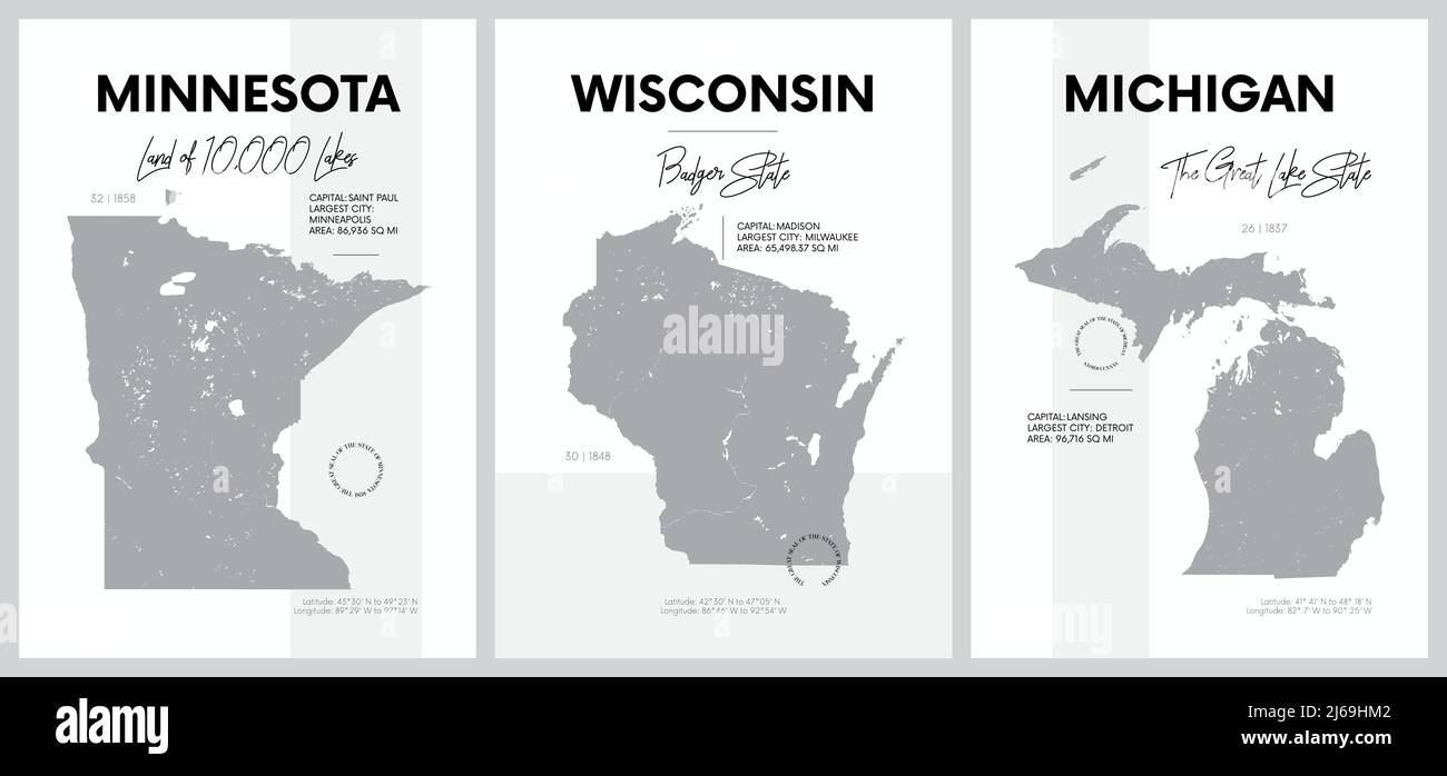 Affiches vectorielles avec silhouettes très détaillées de cartes des États d'Amérique, de la région des Grands Lacs - Minnesota, Wisconsin, Michigan - ensemble 5 de 1 Illustration de Vecteur