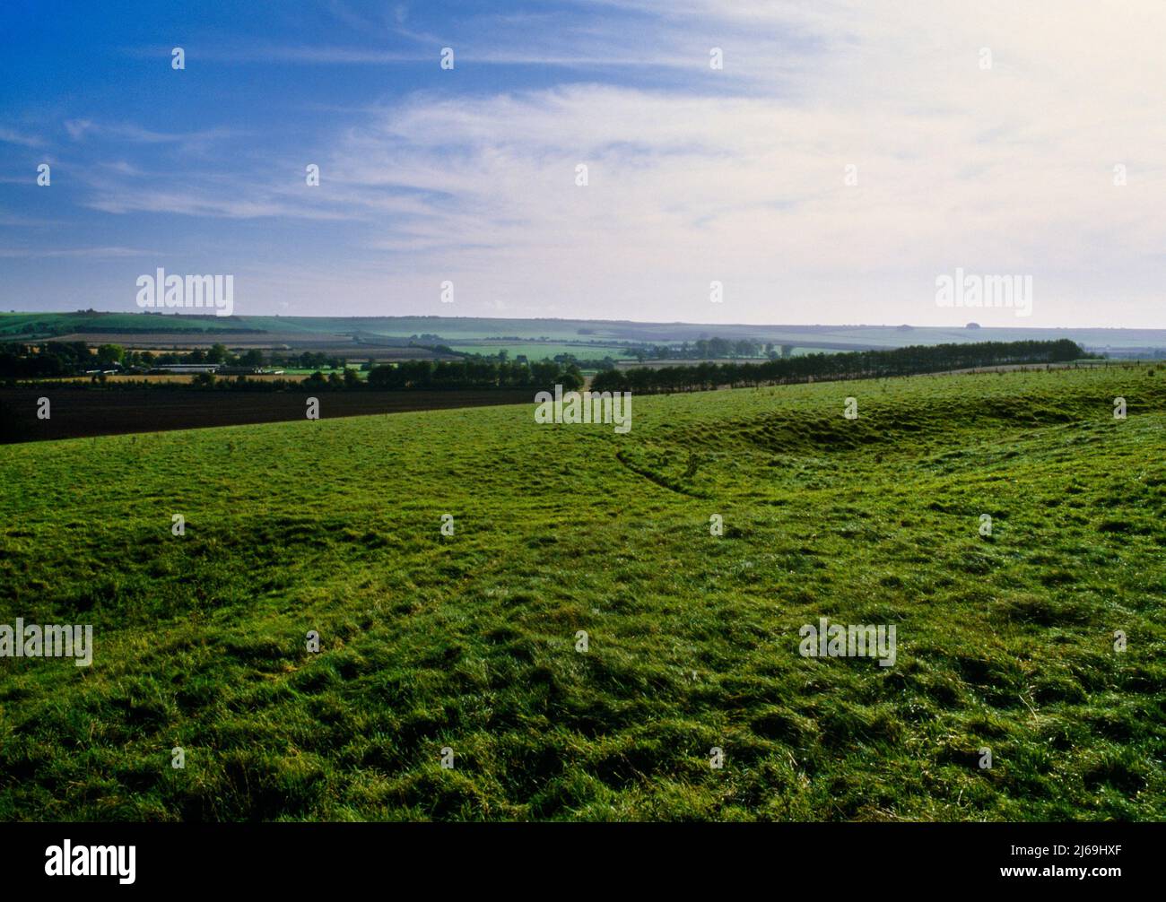 Vue E de Windmill Hill enceinte néolithique à l'abri près d'Avebury, Wiltshire, Angleterre, Royaume-Uni montrant une chaussée à travers l'un des trois fossés. Banque D'Images