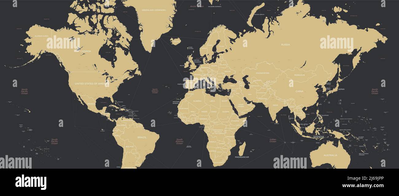 Carte du monde détaillée en couleurs rétro avec frontières et noms de pays, illustration vectorielle grand écran 21-9 Illustration de Vecteur