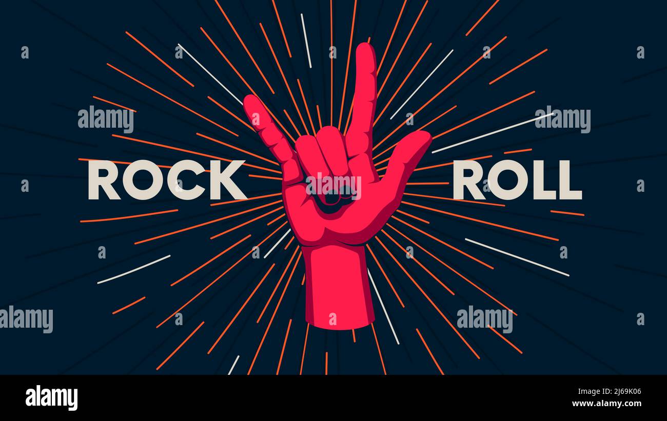 Geste d'une main humaine contre l'arrière-plan de l'éclat solaire, mouvement des doigts, motivation vecteur poster avec le slogan Rock'n'Roll Illustration de Vecteur