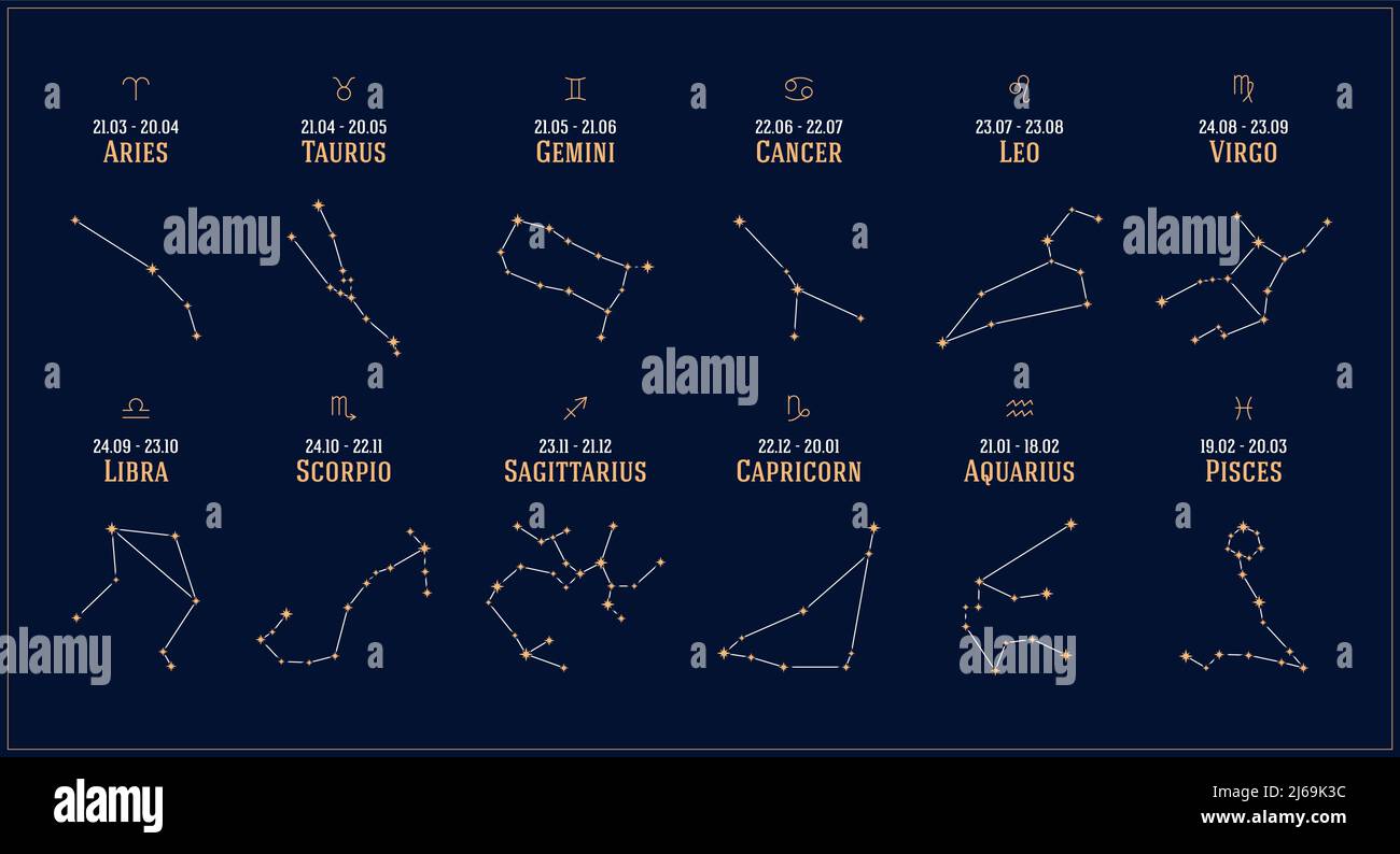 12 constellations des signes du zodiaque, calendrier astrologique de l'horoscope, symboles spirituels de l'astronomie vectorielle sur fond de ciel sombre Illustration de Vecteur