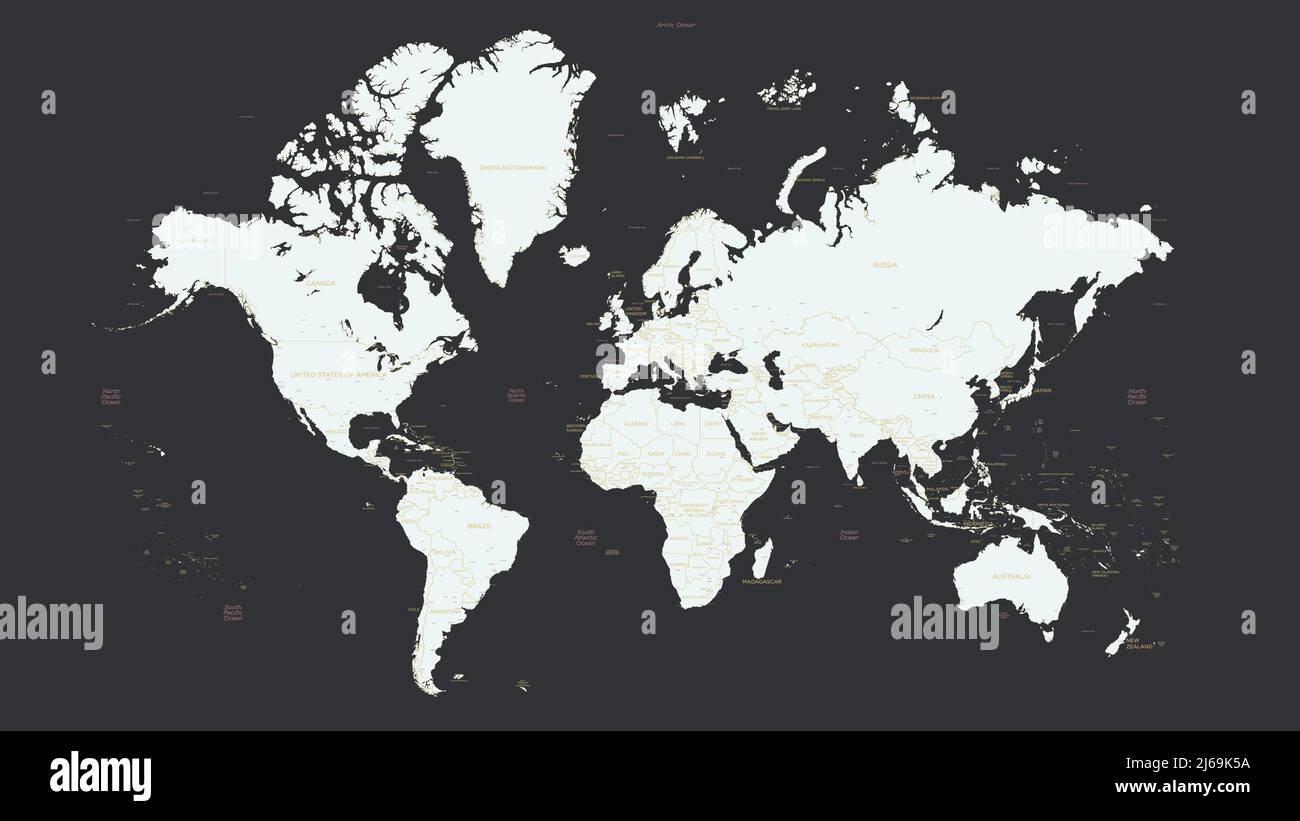 Carte du monde détaillée avec noms de pays et grandes villes, mers et océans, silhouette claire sur fond sombre, graphiques vectoriels Illustration de Vecteur