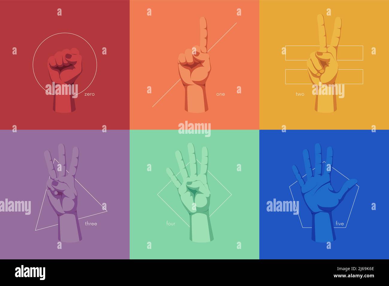 Gestes et signes avec les mains humaines, comptage des doigts sur l'arrière-plan des formes géométriques, illustration du vecteur de couleur Illustration de Vecteur