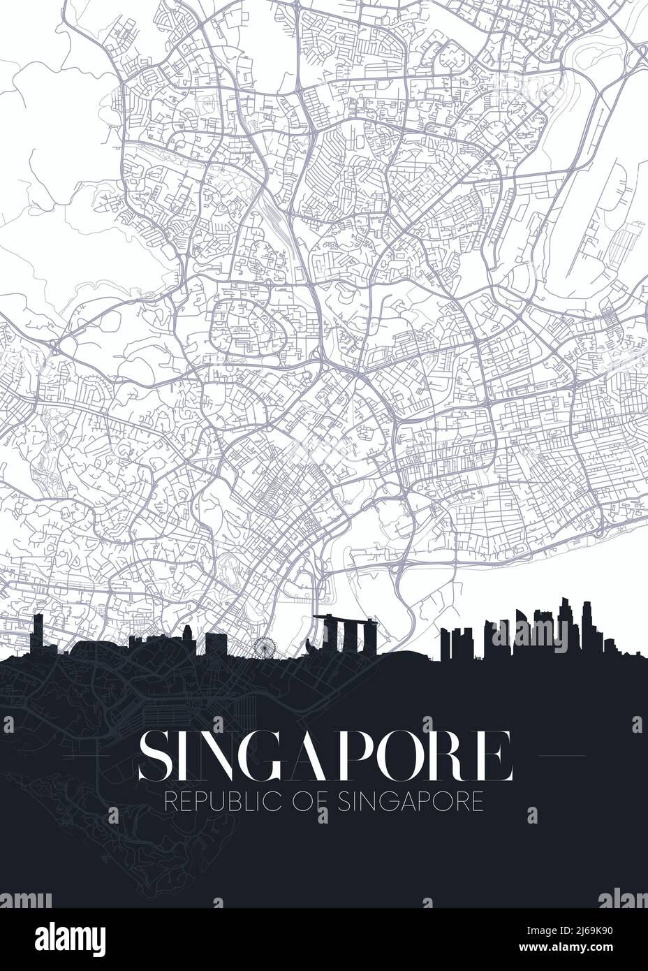 Plan des gratte-ciel et de la ville de Singapour, poster détaillé imprimé vectoriel du plan urbain Illustration de Vecteur