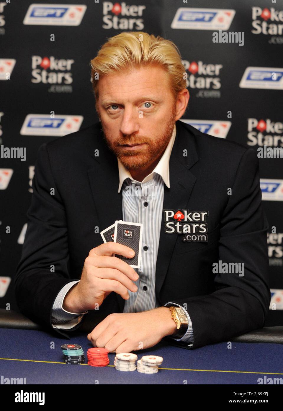 Photo du dossier datée du 01-10-2008 de Boris Becker, ambassadeur de Team PokerStars. Boris Becker, trois fois champion de Wimbledon, a été emprisonné pendant deux ans et demi pour avoir caché la valeur de 2,5million £ d'actifs et de prêts pour éviter de payer ses dettes. Date de publication : vendredi 29 avril 2022. Banque D'Images