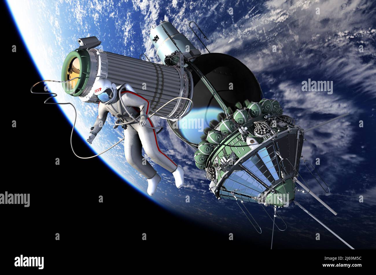 Première sortie de l'engin spatial Voskhod-2. 3d rendu de l'arrière-plan. 3D illustration Banque D'Images