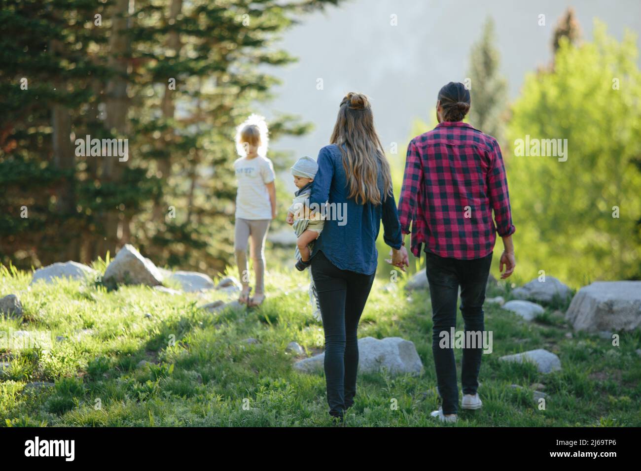 Famille tenant les mains marchant dans les bois ensemble dans les montagnes de l'Utah Banque D'Images