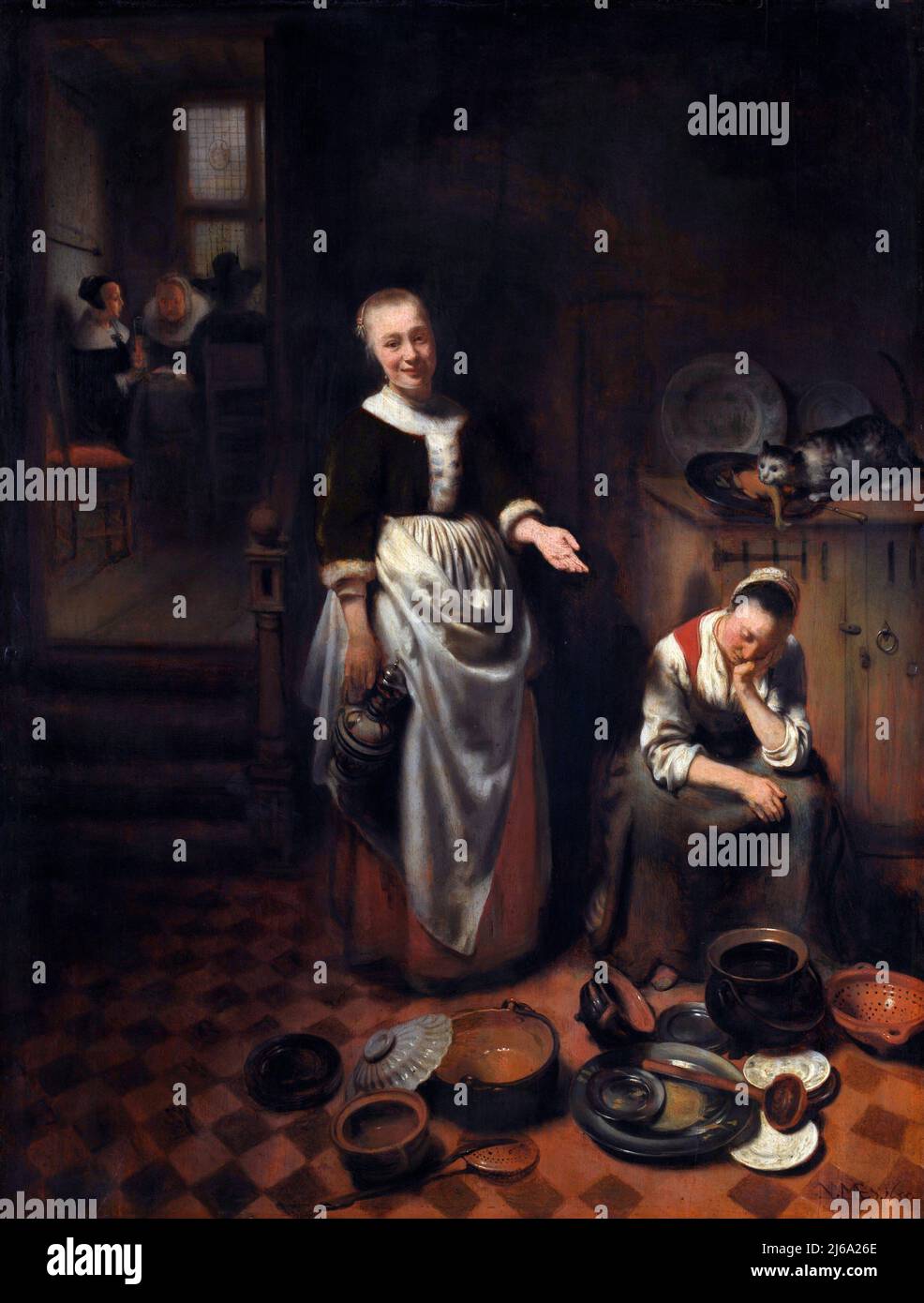 Intérieur avec un Maid endormi et sa maîtresse (le serviteur fou) par Nicolaes Maes (1634-1693), huile sur chêne, 1655 Banque D'Images