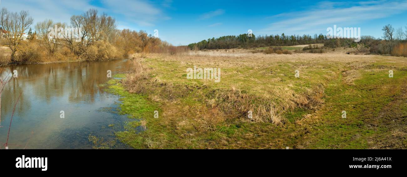 paysage de printemps avec rivière et prairie, début du printemps Banque D'Images