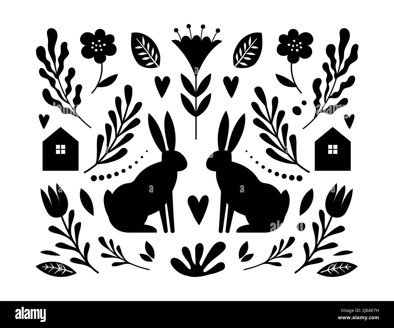 Motif folk nordique avec lapins et éléments floraux Illustration de Vecteur