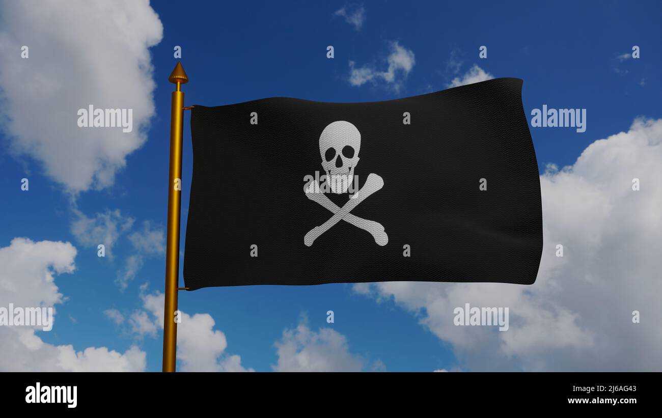 Jolly Roger ou drapeau de navire pirate agitant 3D Render avec le mât et le ciel bleu, drapeau de navire pirate à l'âge d'or de la piraterie, le crâne et les crossones, Pirates Banque D'Images
