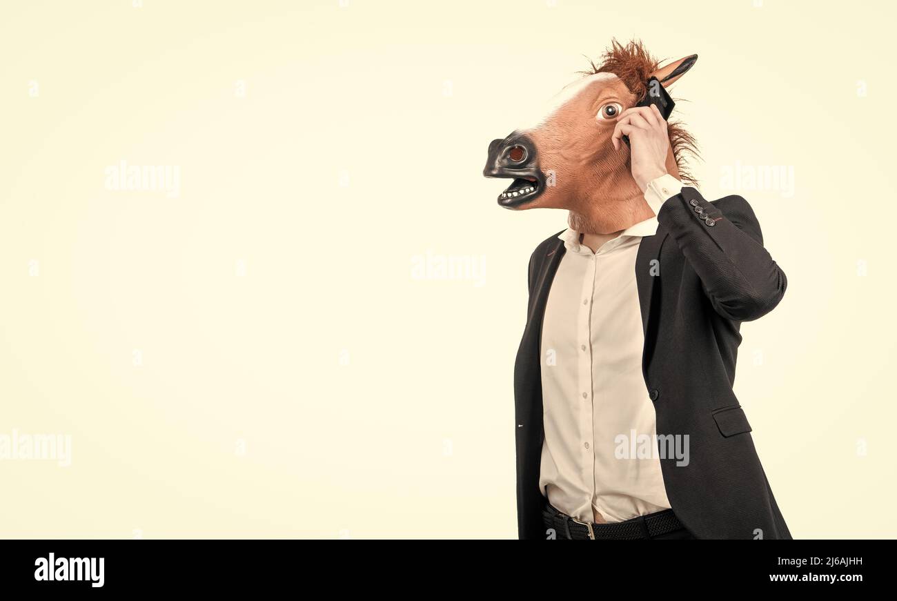 Homme d'affaires en tête de cheval et de costume d'affaires parler sur téléphone mobile isolé sur blanc, la communication Banque D'Images