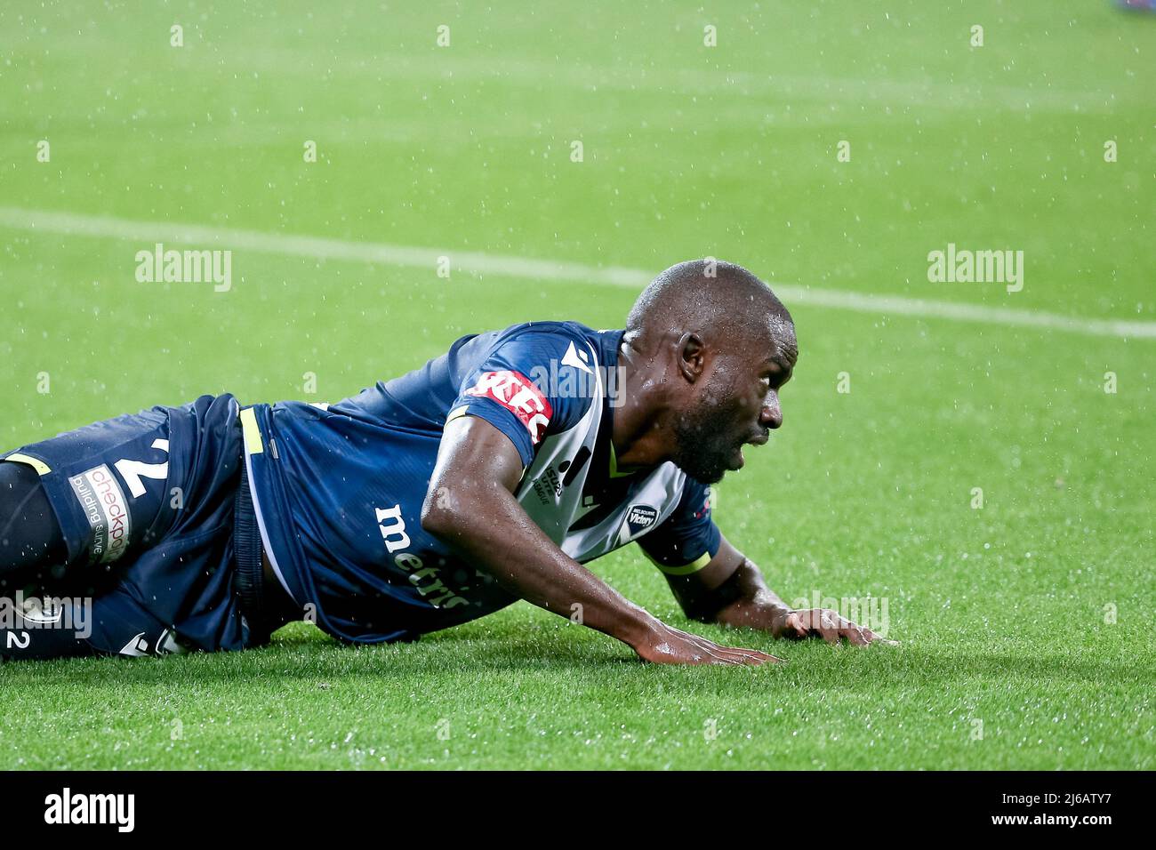 Melbourne, Australie, 29 avril 2022. Jason Geria de Melbourne remporte la victoire lors du match De football A-League entre Melbourne Victory et Wellington Phoenix à l'AAMI Park le 29 avril 2022 à Melbourne, en Australie. Crédit : Dave Helison/Speed Media/Alamy Live News Banque D'Images