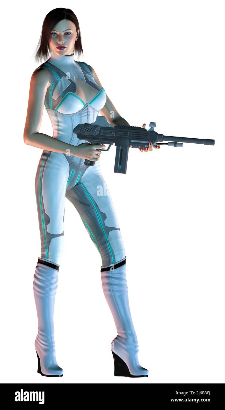 Femme futuriste Warrior armée d'un fusil, illustration 3D Banque D'Images